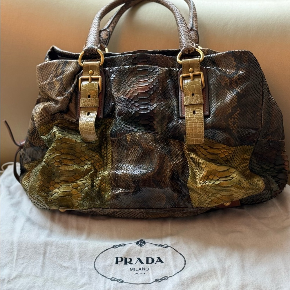 Prada Brown and Green Shoulder Bag with Gold Accents